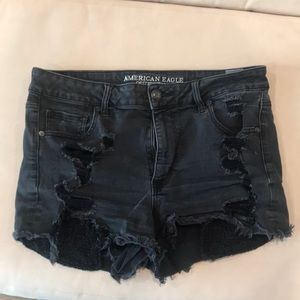 Hi Rise Ripped Black Denim Shorts w Lace Pockets
